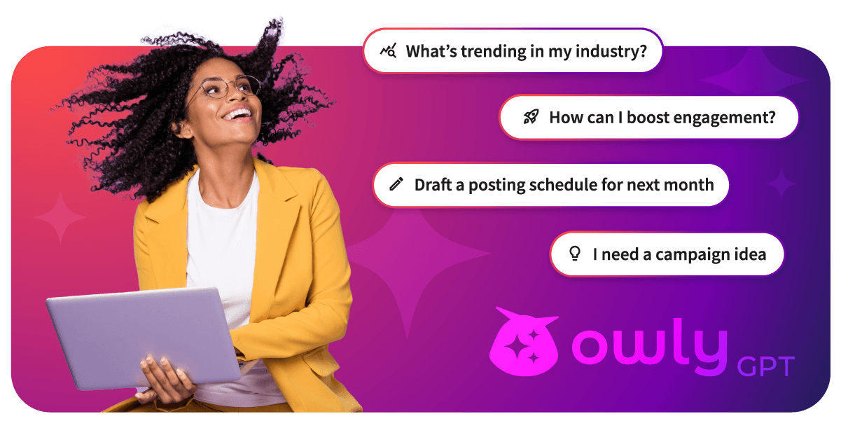 Professional using Owly GPT platform with chat prompts for social media management and content planning on gradient background
